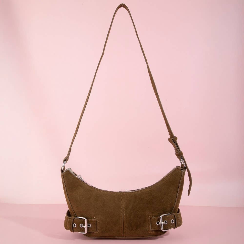 Suede Double Belt Buckle Shoulder Bag