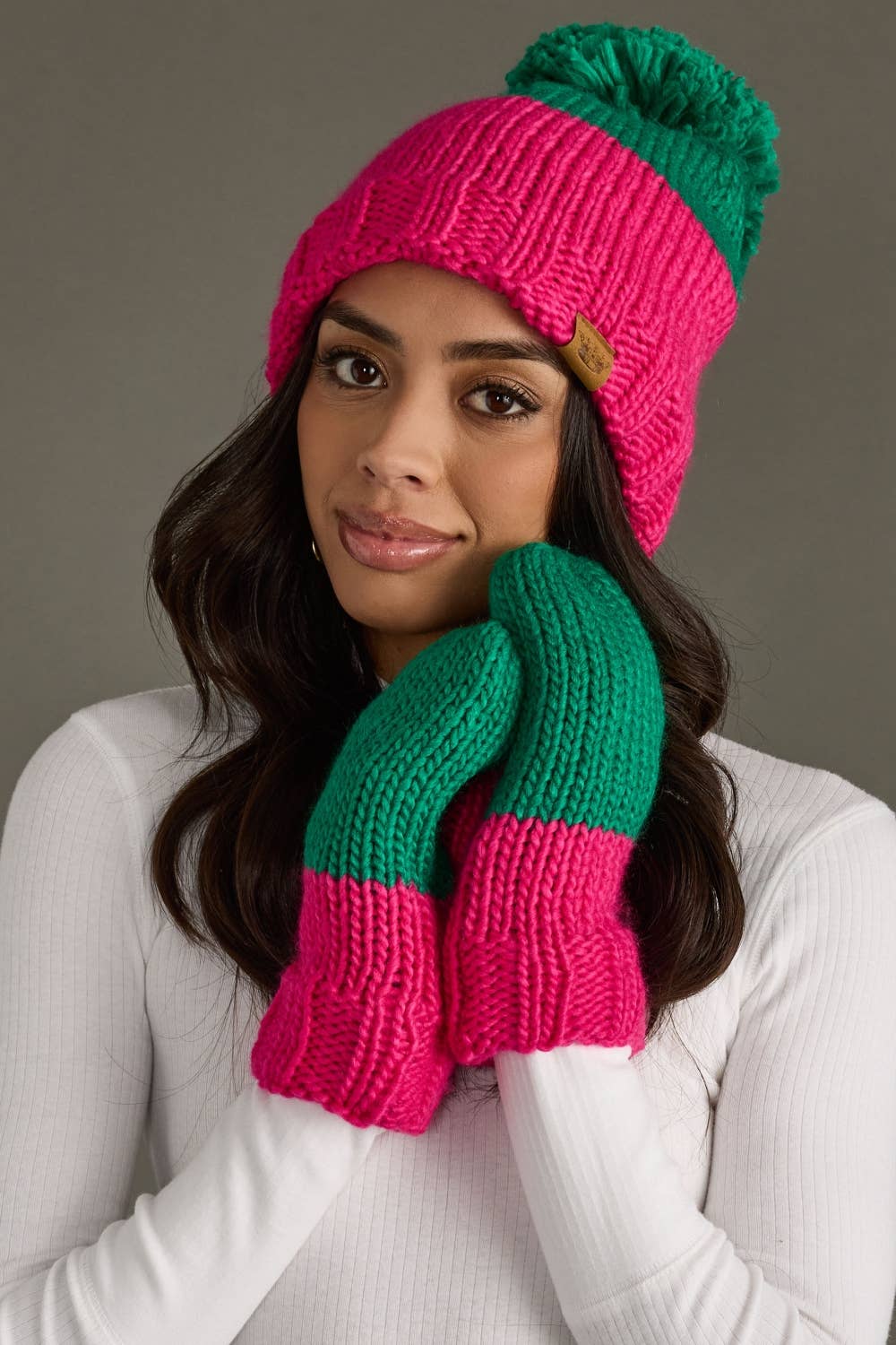 Green & Pink Color Block Pom Hat