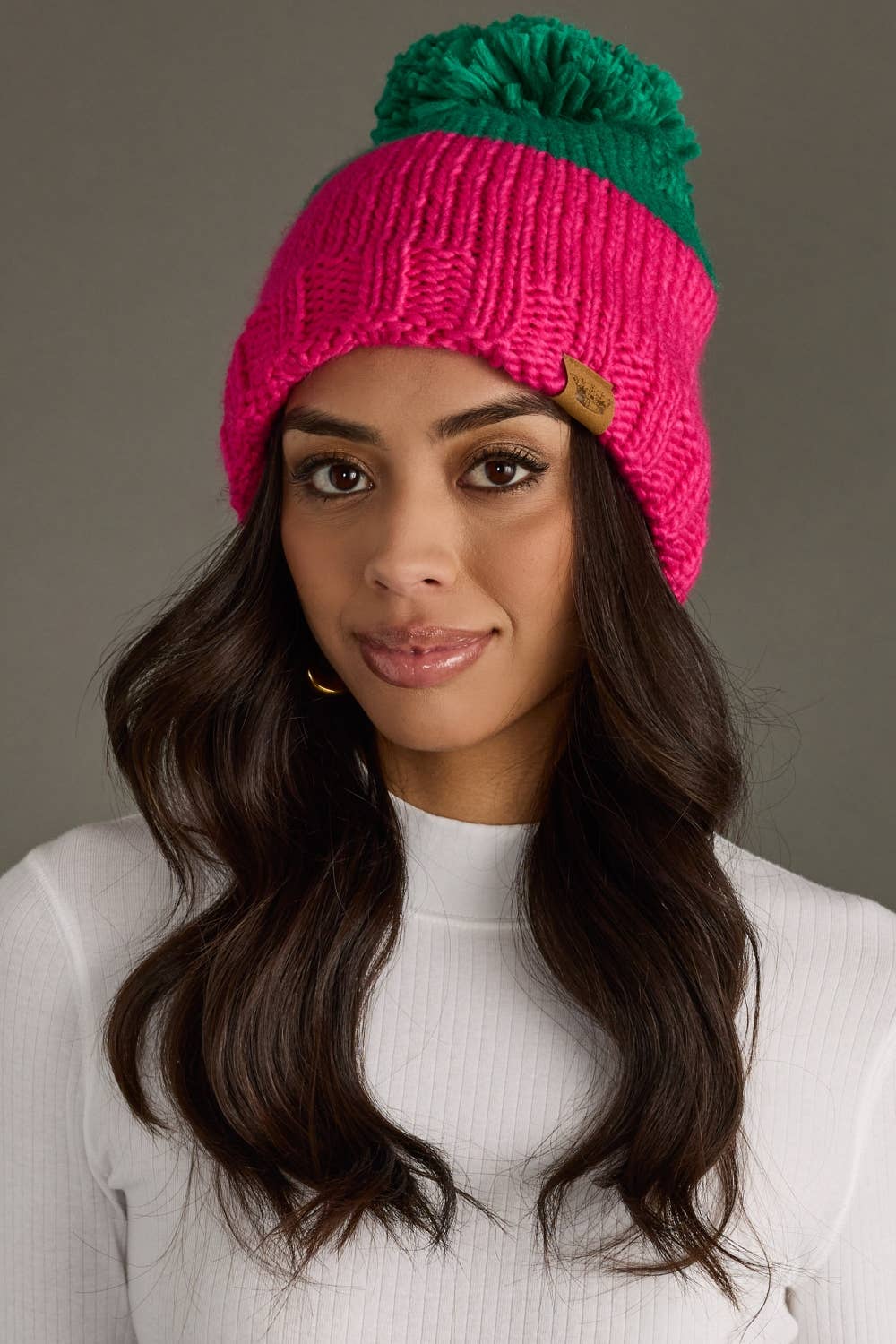 Green & Pink Color Block Pom Hat