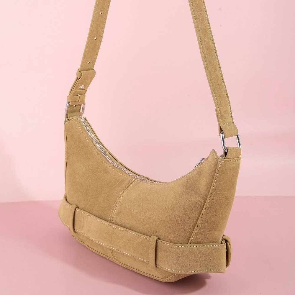 Suede Double Belt Buckle Shoulder Bag