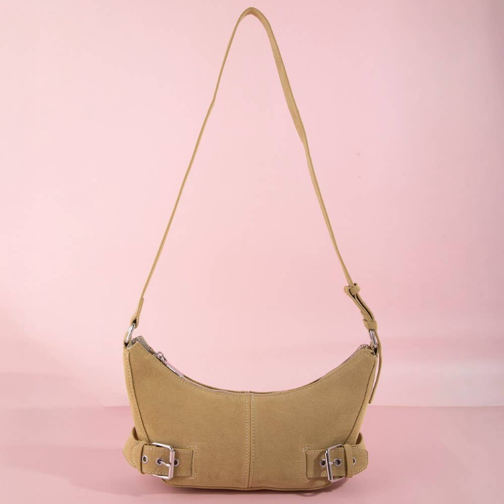 Suede Double Belt Buckle Shoulder Bag