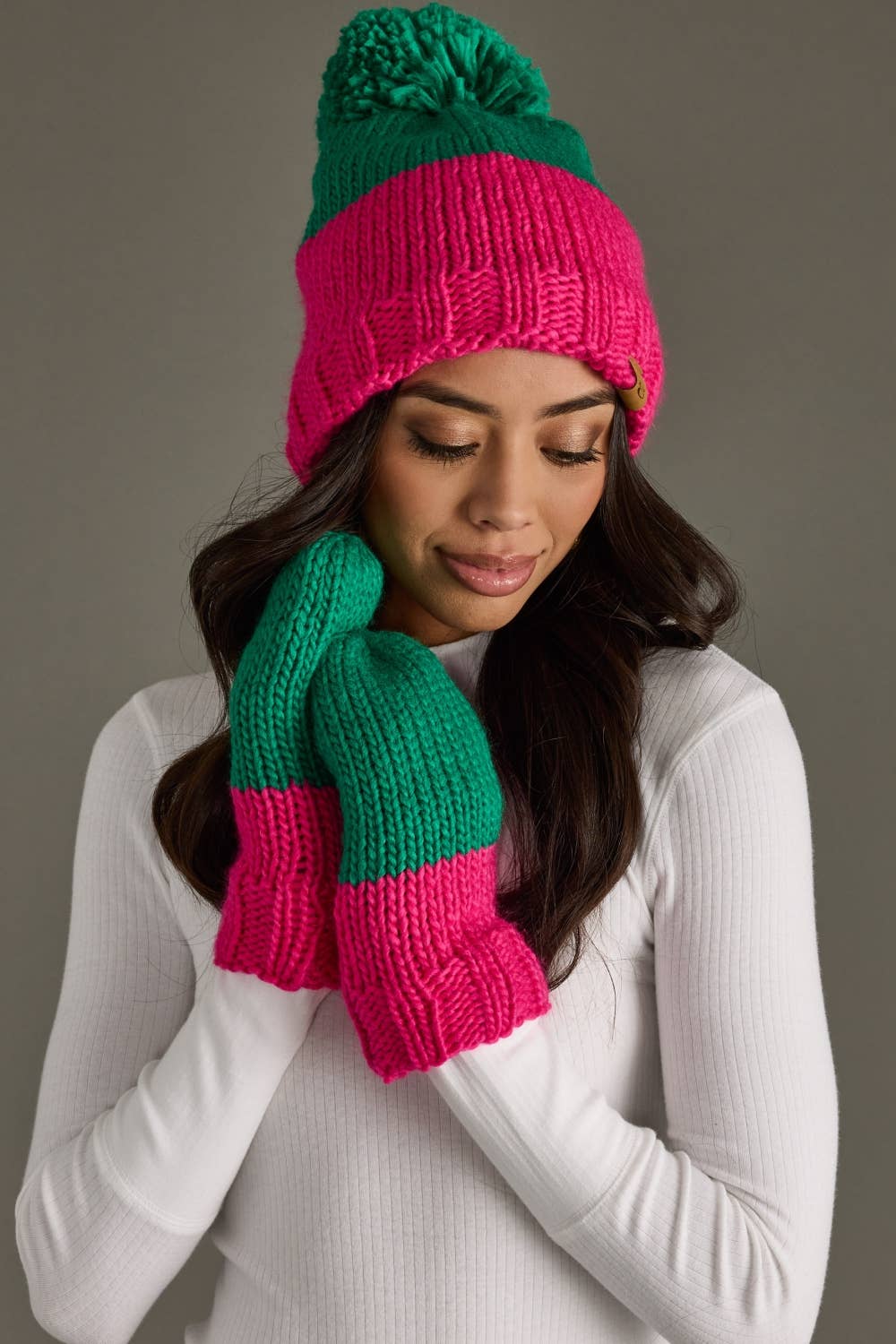 Green & Pink Color Block Pom Hat