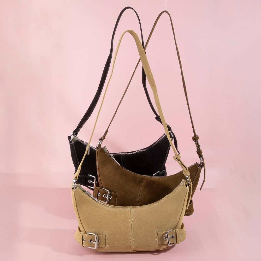 Suede Double Belt Buckle Shoulder Bag