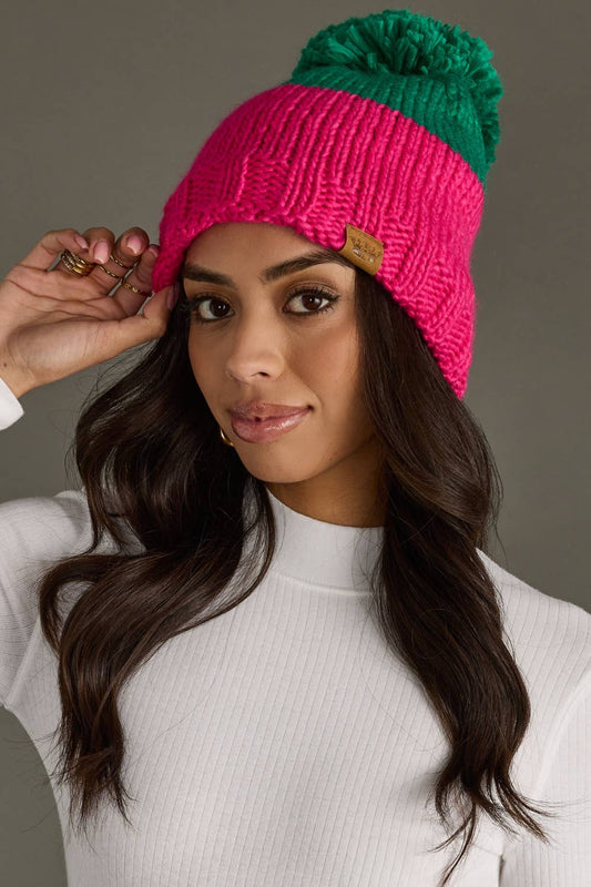 Green & Pink Color Block Pom Hat