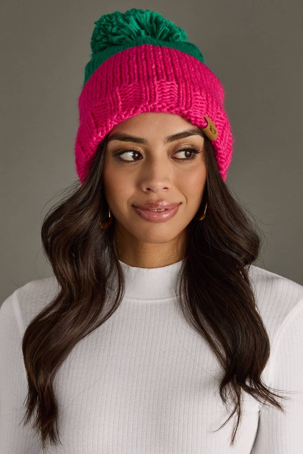 Green & Pink Color Block Pom Hat