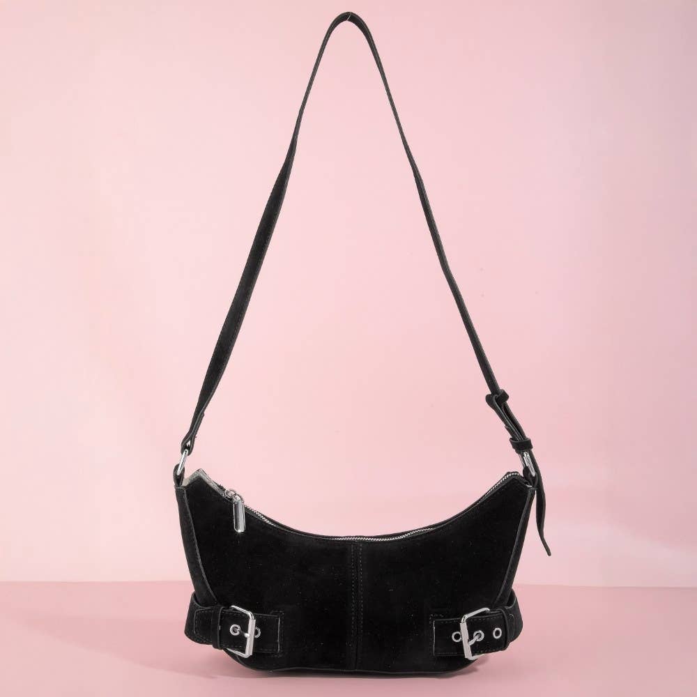 Suede Double Belt Buckle Shoulder Bag